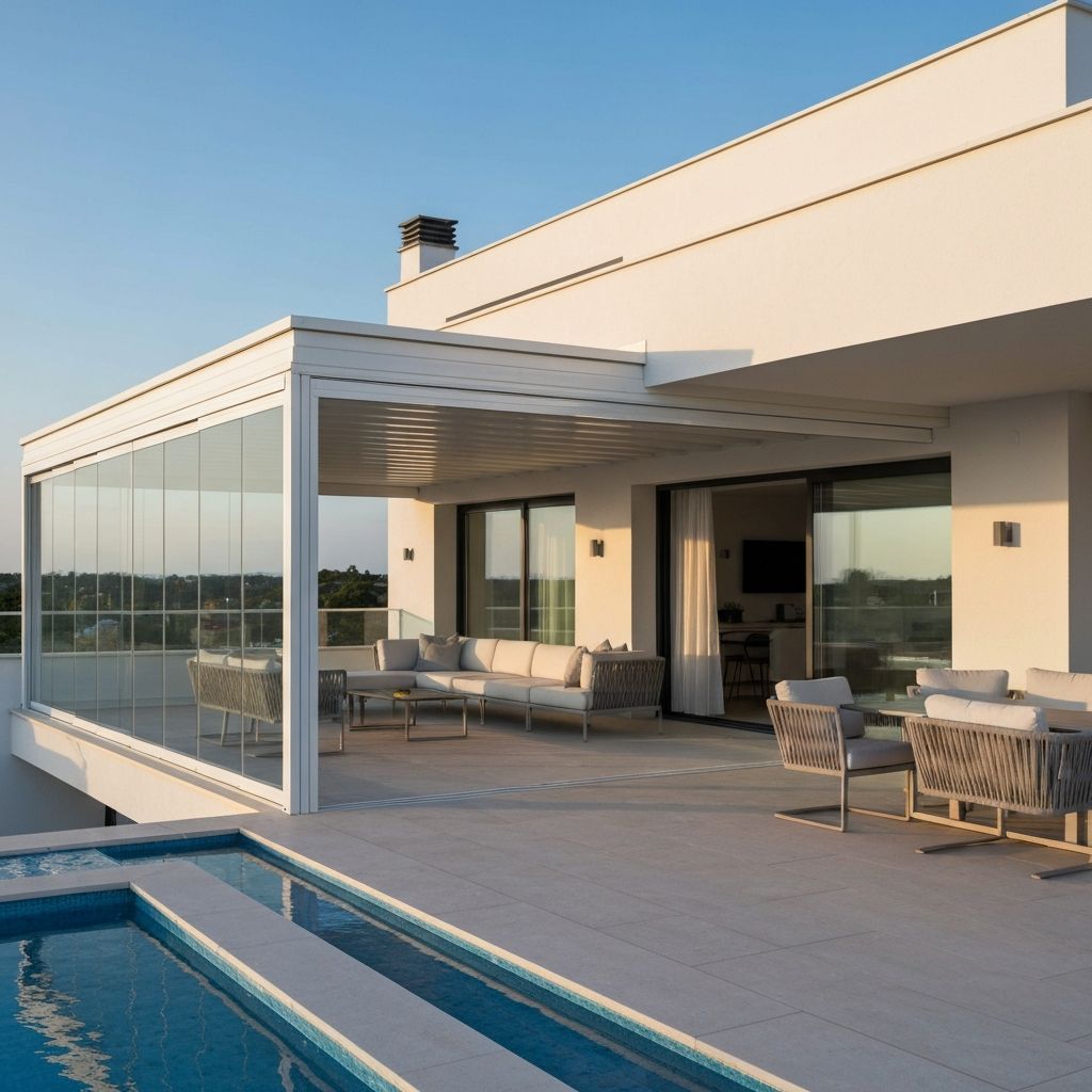 Terraza premium con pérgola bioclimática y cerramiento de cristal